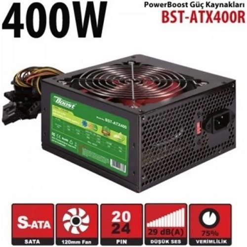 POWERBOOST BST-ATX400R 400W Atx PSU 12 CM SİYAH FAN RETAIL BOX (KUTULU) + (Power Kablo)