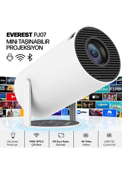 Everest PJ07 Tanabilir Mini Ev Sinema Projeksiyonu 1280 * 720P Android + Bt+ Wifi Akll Projeksiyon Cihaz Hd