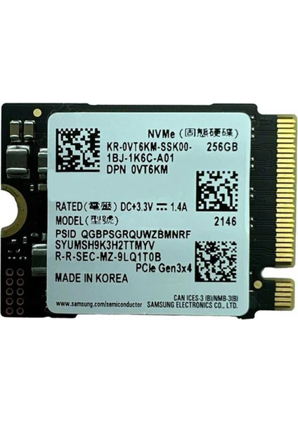 SAMSUNG PM9B1 2280 256GB M2 NVME GEN4 3300/1250 SSD (Kutusuz) MZVL4256HBJD-00BL7